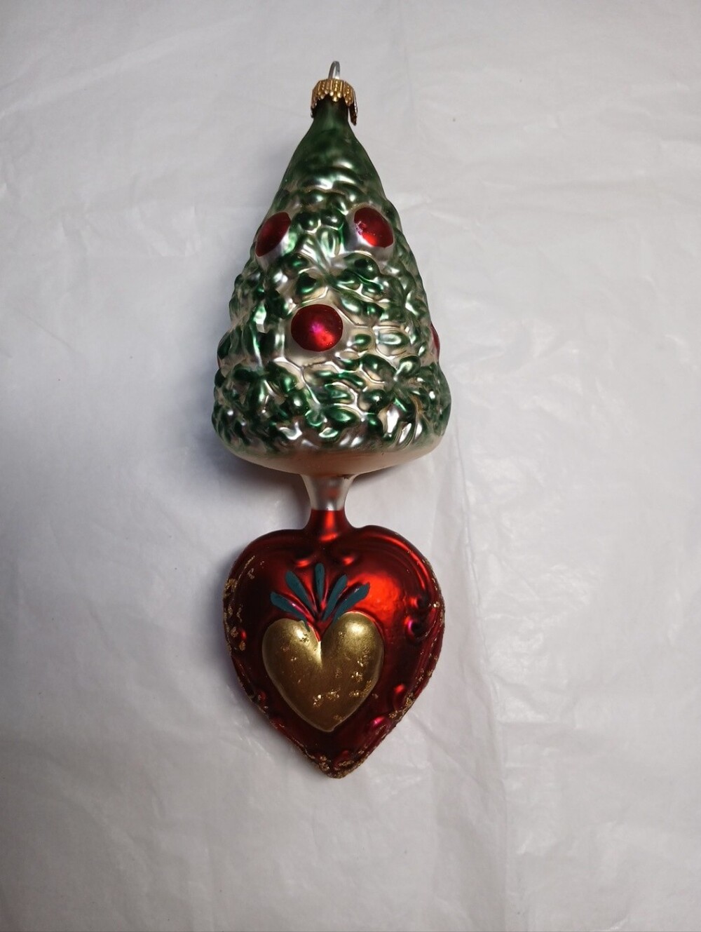 Vintage Glass Christmas Tree and Heart Drop Glitter Ornament - Made In Germany